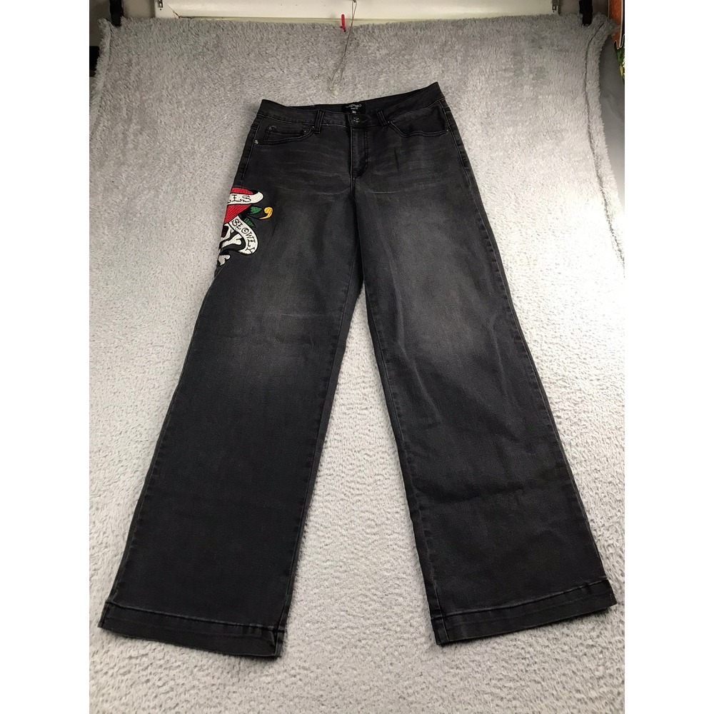 Ed Hardy Jeans Women 30 (33x32) Black Wide Leg Love Kills Slowly Y2K Inspired